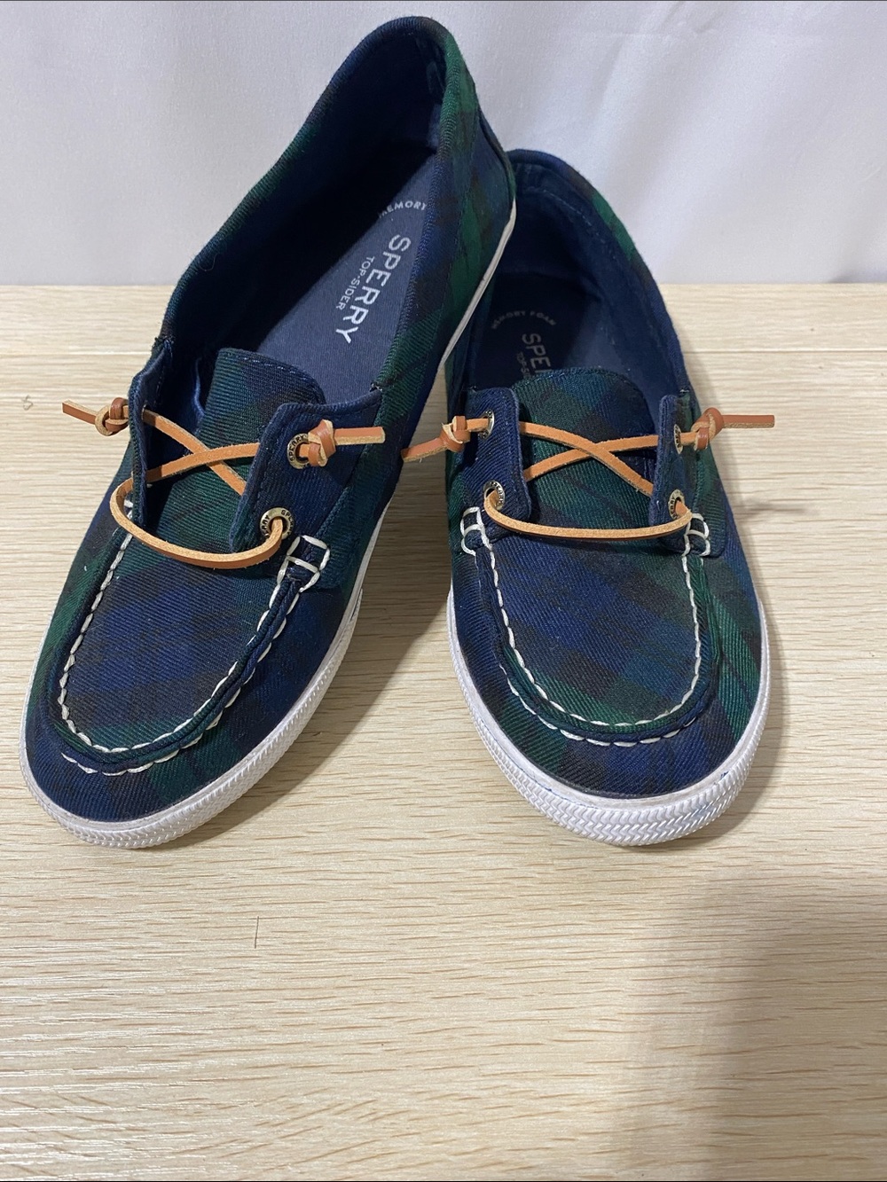 Sperry Tartan Canvas Boat Shoes in Navy & Green with Tan Laces